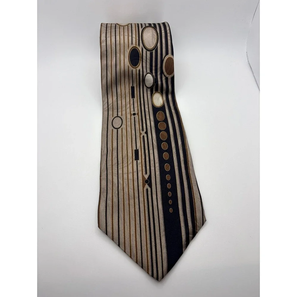 Gianfranco Ruffini Mens Silk Tie Tan Brown Black Geometric Abstract Stripe Italy